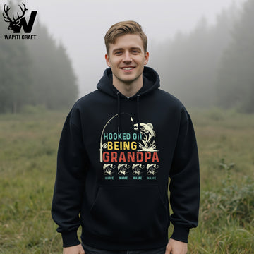 Hooked On Grandpa Custom Fishing Hoodie Personalized Kids Names Gift for Dad Wapiti Craft