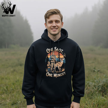 One Shot One Memory Hunting Deer With Dad Retro Sunset Hoodie Gift For Dad - Wapiti Craft