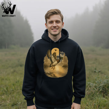 Sunset Flight Duck Hunting Hoodie Mallard Takeoff Scene for Waterfowl Hunters - Wapiti Craft