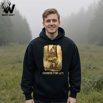 Hooked for Life Hoodie Timeless Fishing Passion for Resilient and Dedicated Men - Wapiti Craft