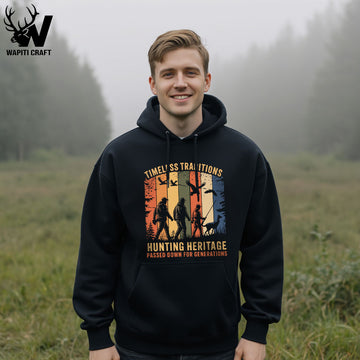 Timeless Hunting Traditions Hoodie Multi - Generation Heritage Scene for Outdoorsmen - Wapiti Craft