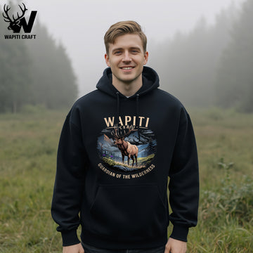 Guardian of the Wilderness Majestic Wapiti in Mountain Forest Scene Hoodie - Wapiti Craft