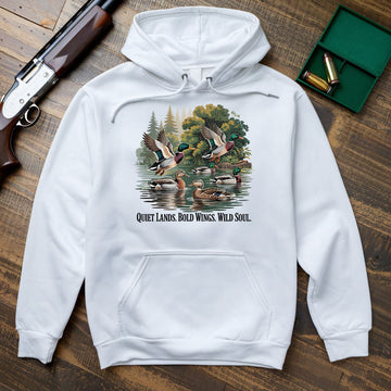 Mallard Ducks Graphic Tee, Duck Hunting Shirt For Men, Quiet Lands Bold Wings Wild Soul Quote, Gift For Duck Hunters, Wapiti Craft Hoodie