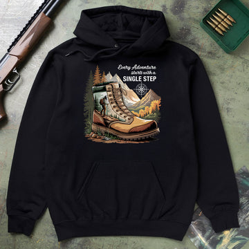Hiking Boots Mountain Tee, Every Adventure Starts With A Single Step Shirt, Gift For Hikers, Wapiti Craft Hoodie
