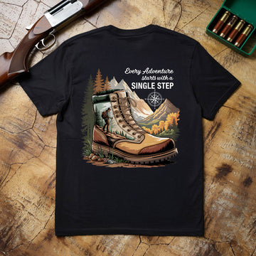 Hiking Boots Mountain Tee, Every Adventure Starts With A Single Step Shirt, Gift For Hikers, Wapiti Craft T-shirt