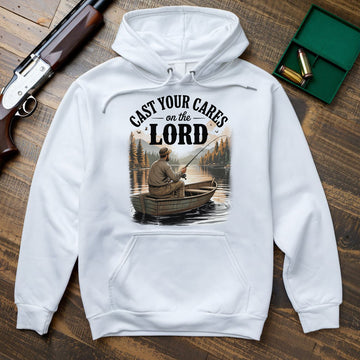 Christian Fishing Shirt For Men, Cast Your Cares On The Lord Boat Scene Tee, Faith Based Gift Idea, Gift For Fishermen, Wapiti Craft Hoodie