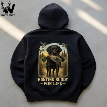 Hunting Buddy for Life Duck Dog Hoodie Back Print Black Lab Retriever Loyal Buddy - Wapiti Craft