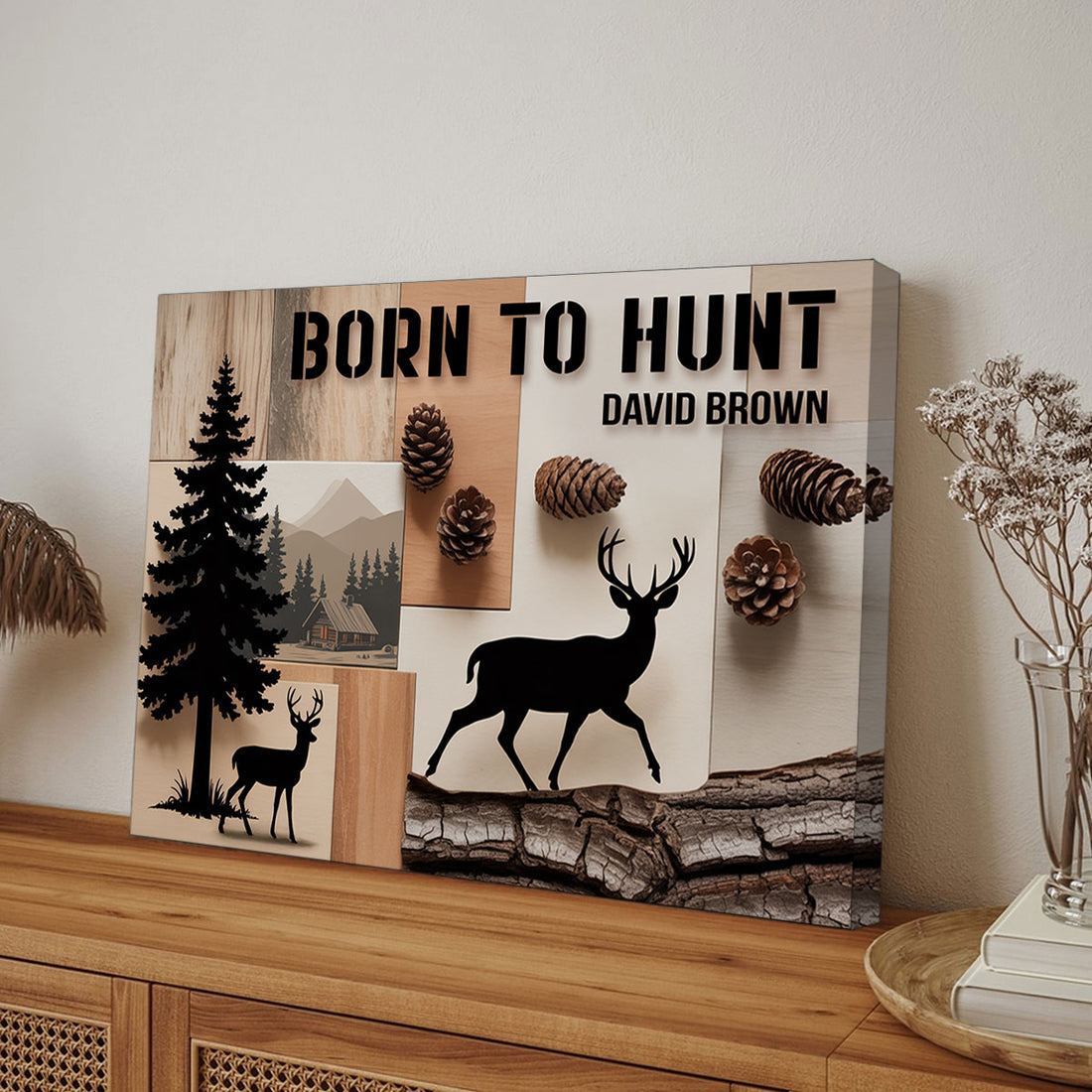 Born To Hunt Canvas Sign, Custom Rustic Deer Cabin Wall Art, Personalized Hunting Lodge Gift For Him, Wapiti Craft Canvas