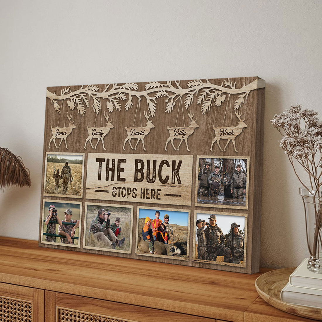The Buck Stops Here Custom Hunting Family Canvas, Deer Wall Art With Photos And Names, Gift For Hunters Dad Grandpa, Wapiti Craft Canvas