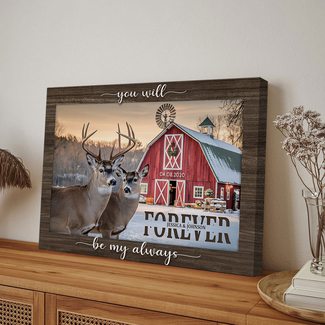 Deer Couple Personalized Rustic Barn Canvas, Hunting Wedding Anniversary Gift For Husband Wife, Wapiti Craft Canvas