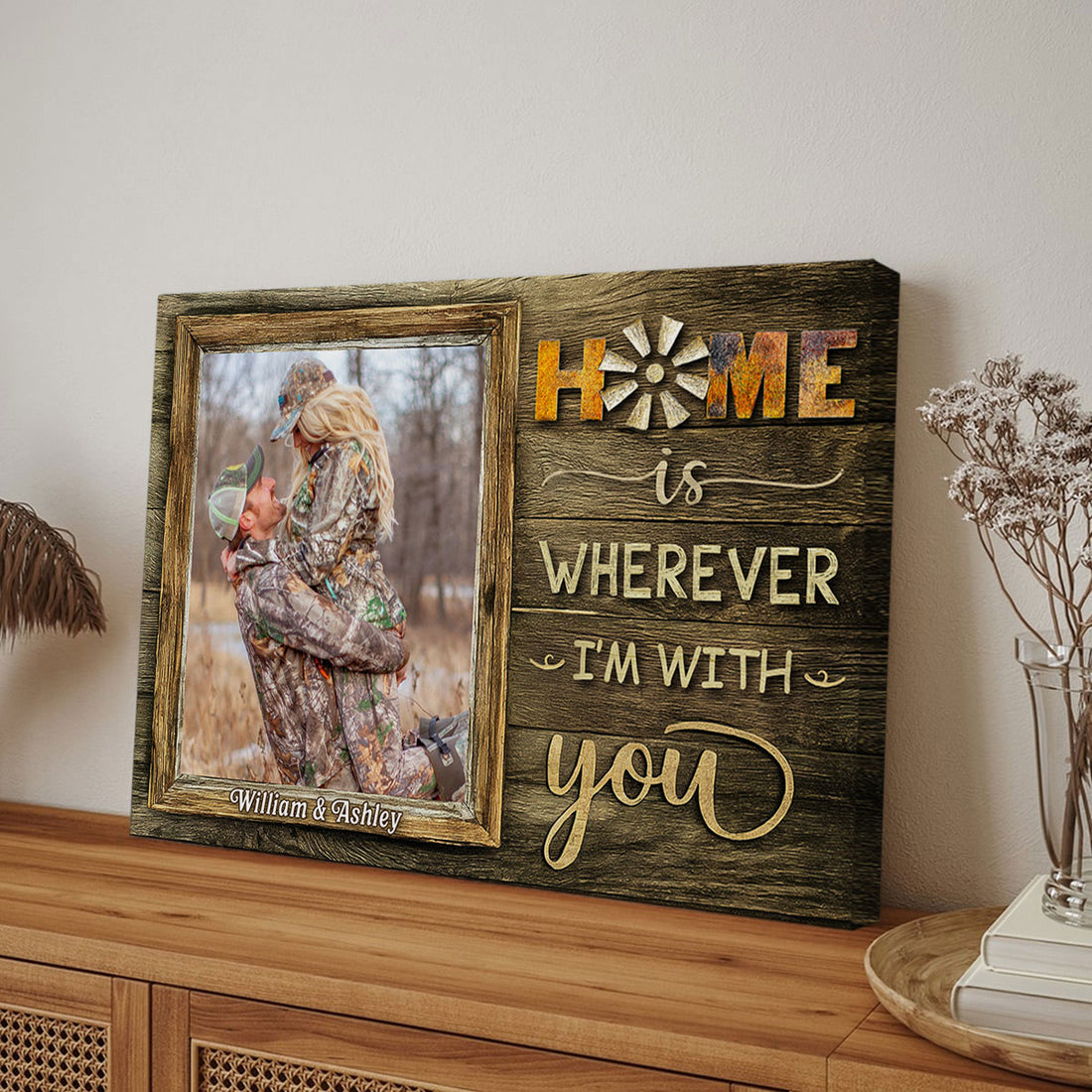Home Is Wherever I’m With You Canvas, Rustic Hunting Couple Photo Gift For Anniversary Or Wife, Wapiti Craft Canvas