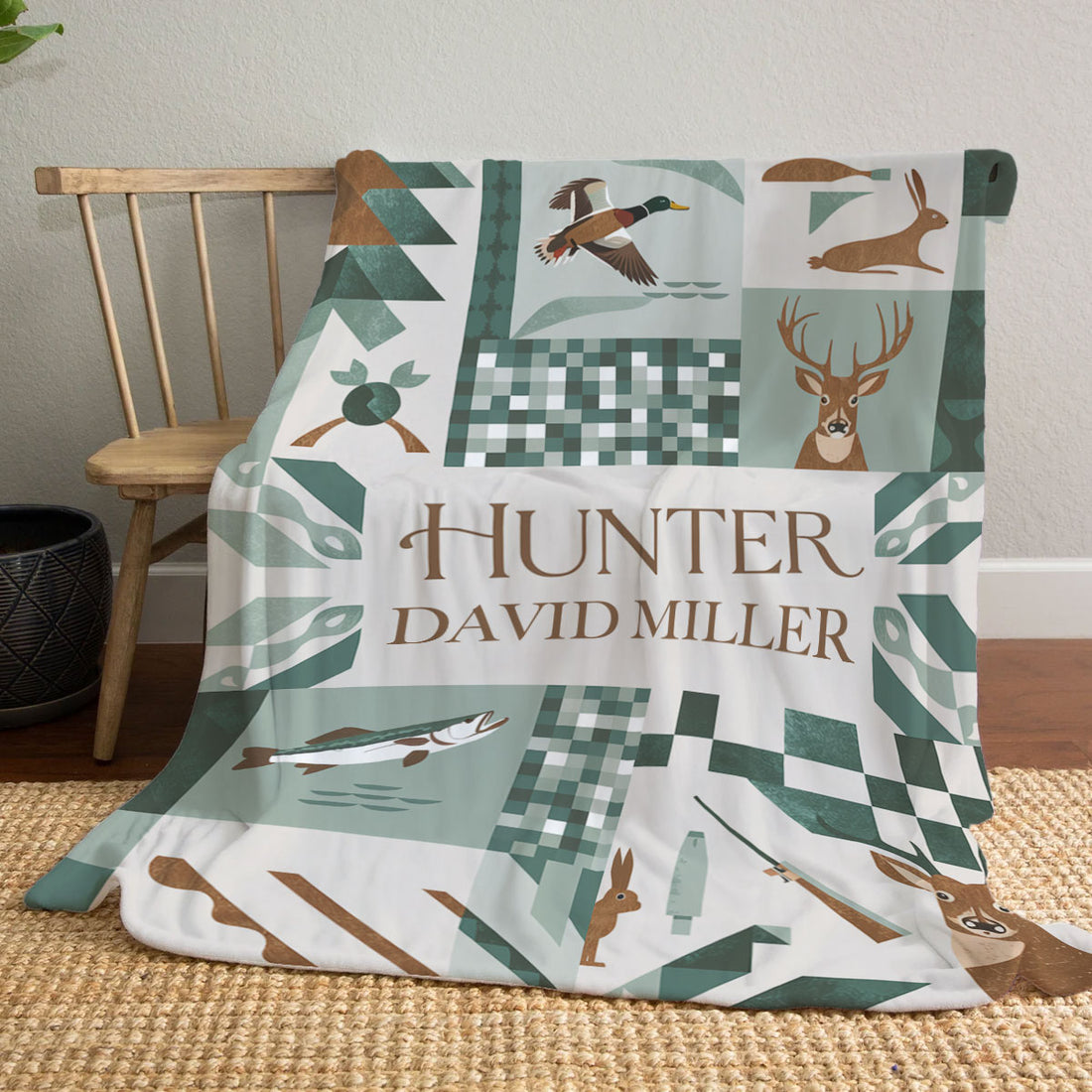 Hunter Patchwork Blanket, Personalized Deer Duck And Fish Hunting Gift For Men And Boys, Wapiti Craft Blanket