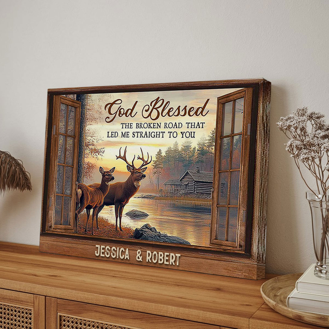 Deer Couple Window View Canvas, Rustic Hunting Cabin Wall Art For Wife Husband Anniversary Gift, Wapiti Craft Canvas