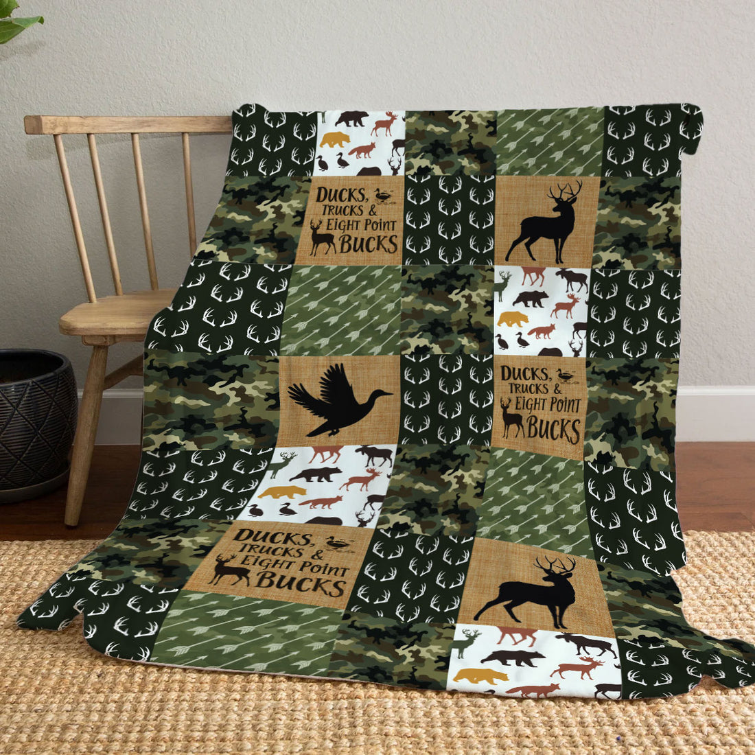 Ducks Trucks & Eight Point Bucks Blanket, Rustic Camouflage Deer Hunter Patchwork Quilt Throw, Wildlife Silhouette Hunting Gift For Him, Wapiti Craft Blanket