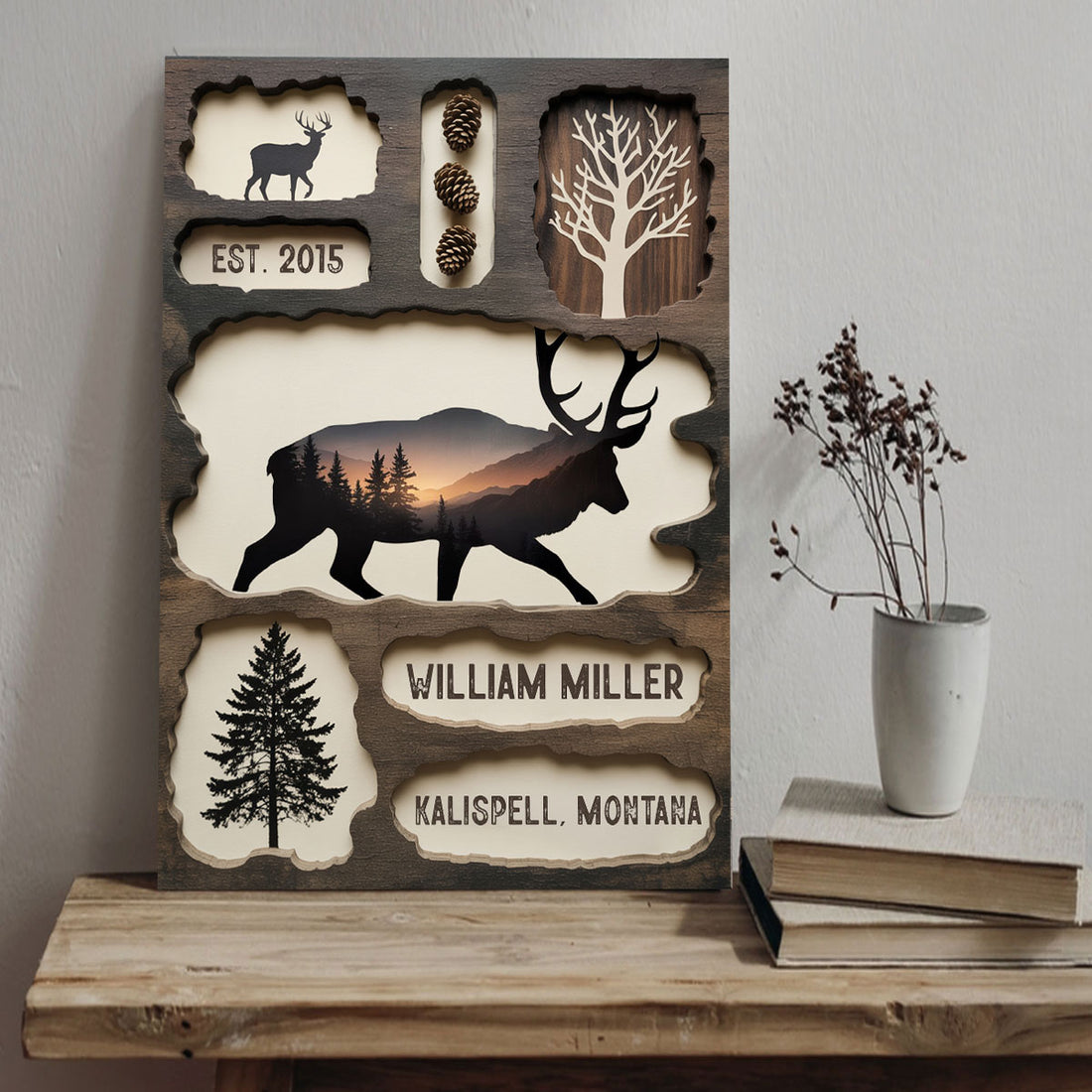 Rustic Elk Silhouette Canvas, Personalized Mountain Forest Hunting Wall Art, Custom Lodge Decor For Him, Wapiti Craft Canvas