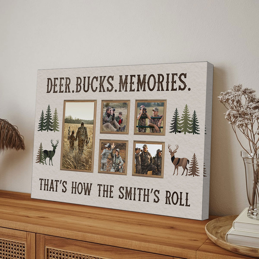 Deer Bucks Memories Personalized Hunting Photo Collage Canvas With Family Name, Custom Woodland Hunter Wall Art, Wapiti Craft Canvas