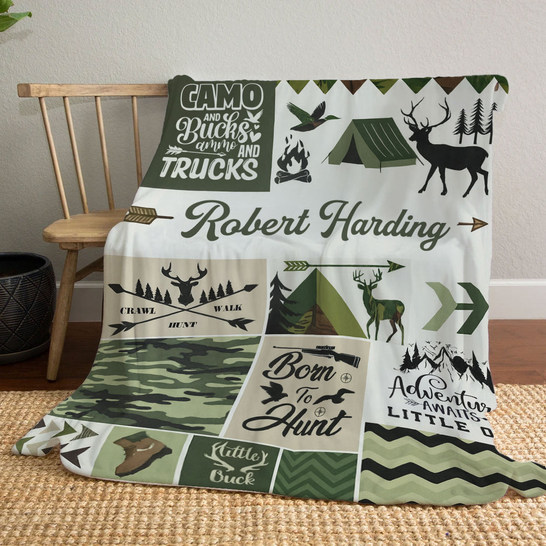 Personalized Hunting Deer Blanket, Born To Hunt Custom Name Blanket For Boys, Outdoor Themed Camo Nursery Gift, Wapiti Craft Blanket
