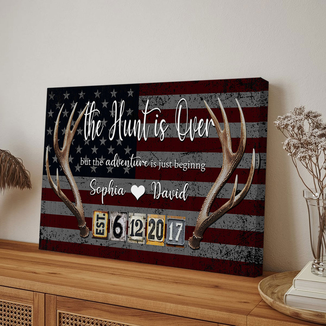 The Hunt Is Over Deer Antler Canvas, Rustic Hunting Wedding Gifts For Couple, Personalized American Flag Wall Decor, Wapiti Craft Canvas