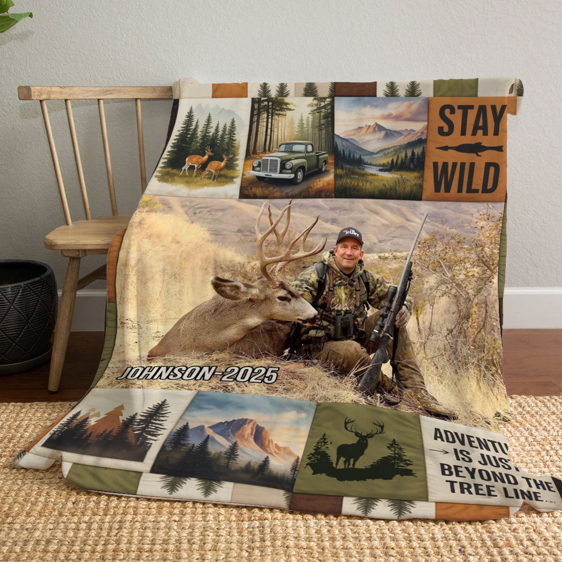 Custom Stay Wild Hunting Blanket, Personalized Photo and Name Blanket, Vintage Deer Buck Hunting Scene Throw, Wapiti Craft Blanket