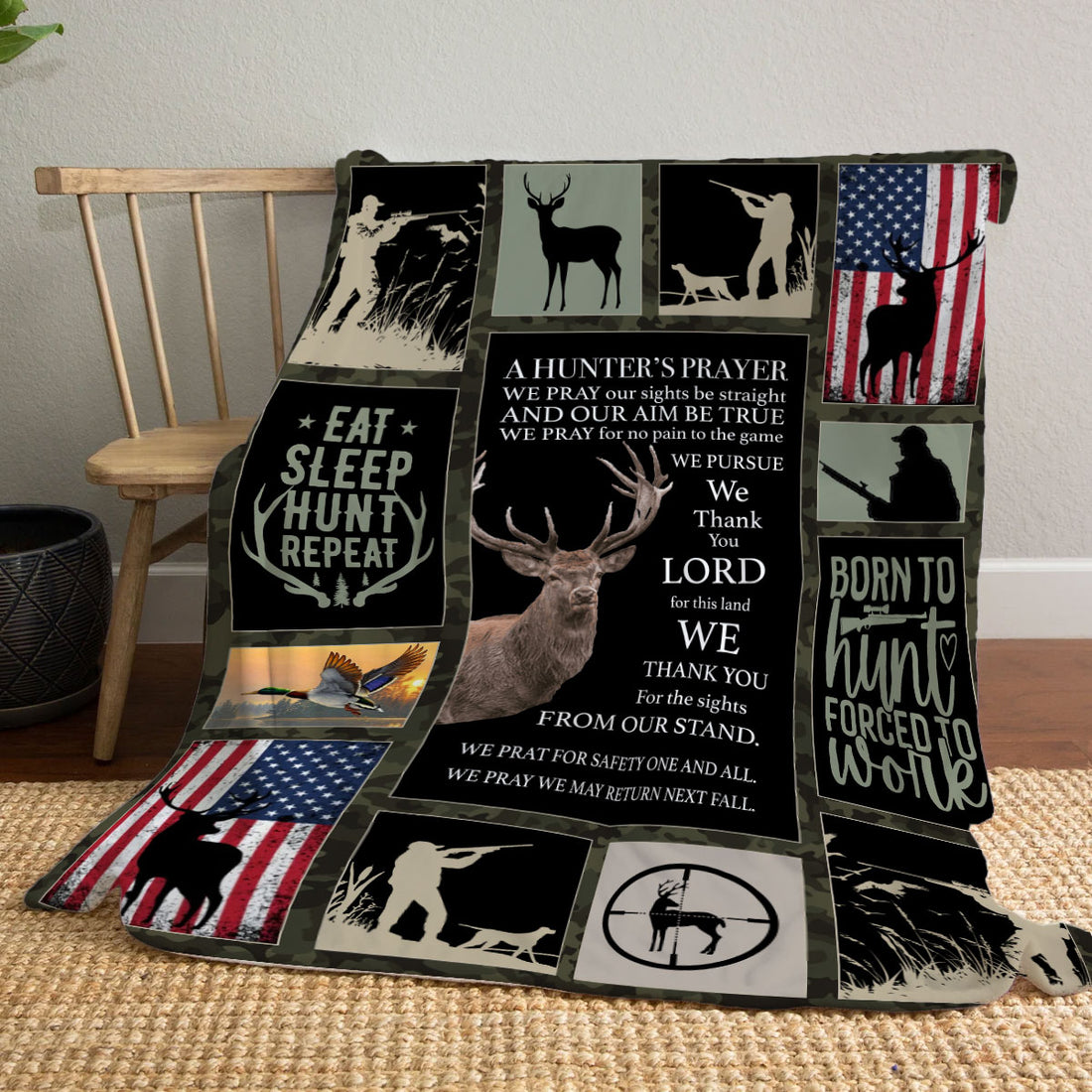 Custom Hunting Prayer Blanket For Men, Deer Hunting Gifts For Him, Patriotic Hunter Blanket, Christian Outdoor Gifts For Hunters, Wapiti Craft Blanket