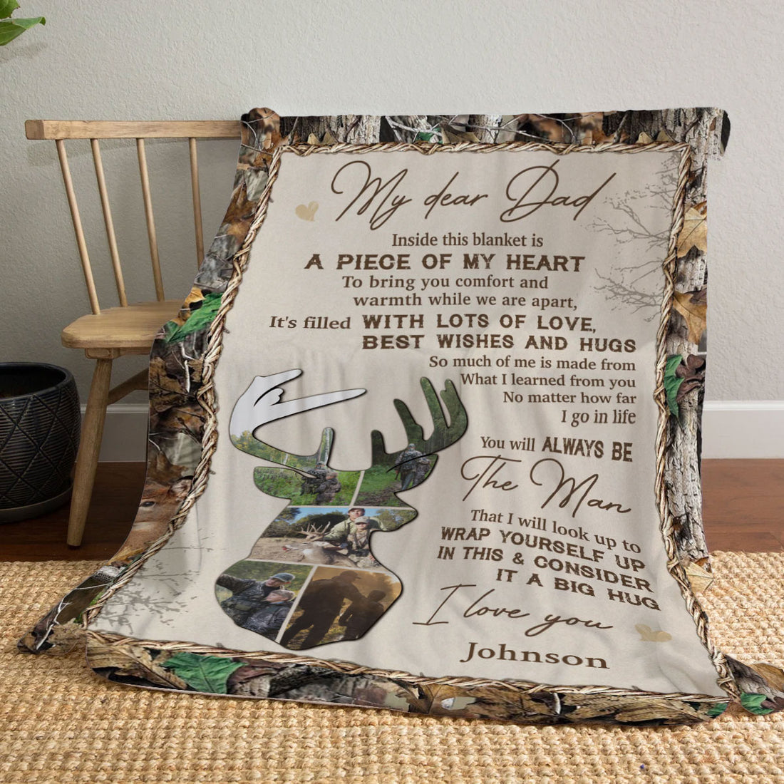 Custom Hunting Memory Blanket For Dad, Deer Antler Photo Collage, Gift From Son, Personalized Hunting Blanket, Tribute For Him, Wapiti Craft Blanket