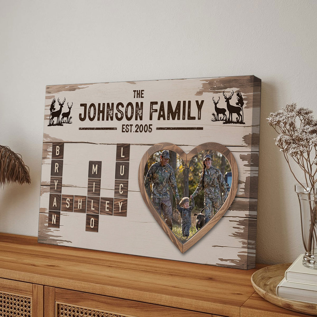Deer Family Crossword Canvas, Rustic Custom Hunting Gift with Heart Photo, Personalized Wall Art for Hunters, Wapiti Craft Canvas