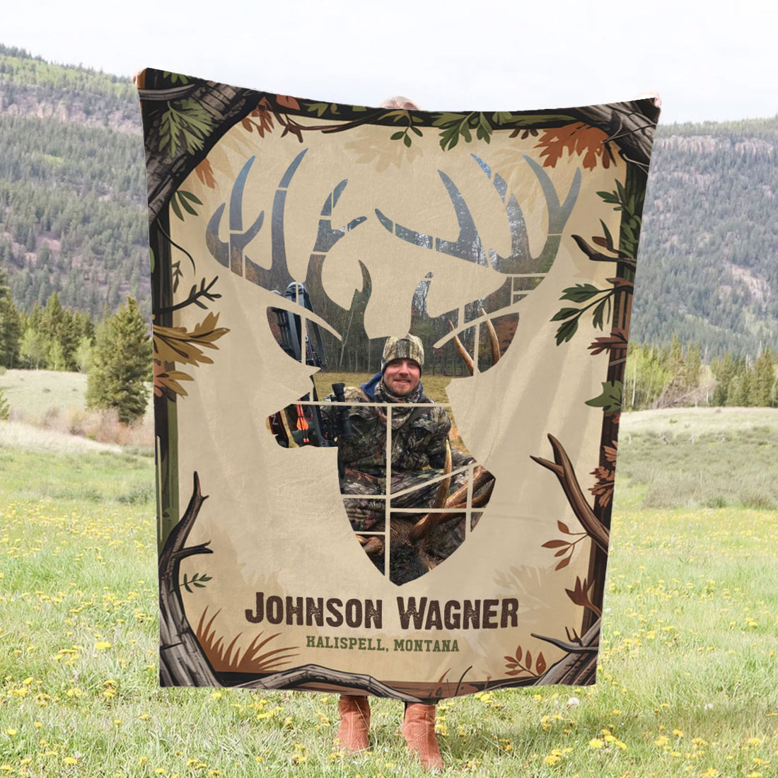 Custom Hunter Photo Blanket, Camouflage Buck Silhouette Fleece Throw, Personalized Hunting Gift For Him, Wapiti Craft Blanket