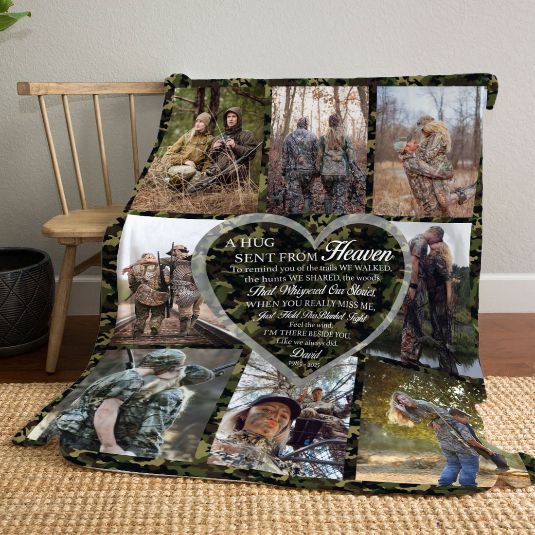 Custom Hunting Memorial Photo Blanket, Hug From Heaven Camo Design, Remembrance Gift Blanket, Wapiti Craft Blanket