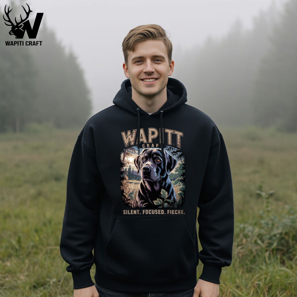 Silent. Focused. Fierce. Hunting Dog Hoodie Loyal Black Lab Design by Wapiti Craft