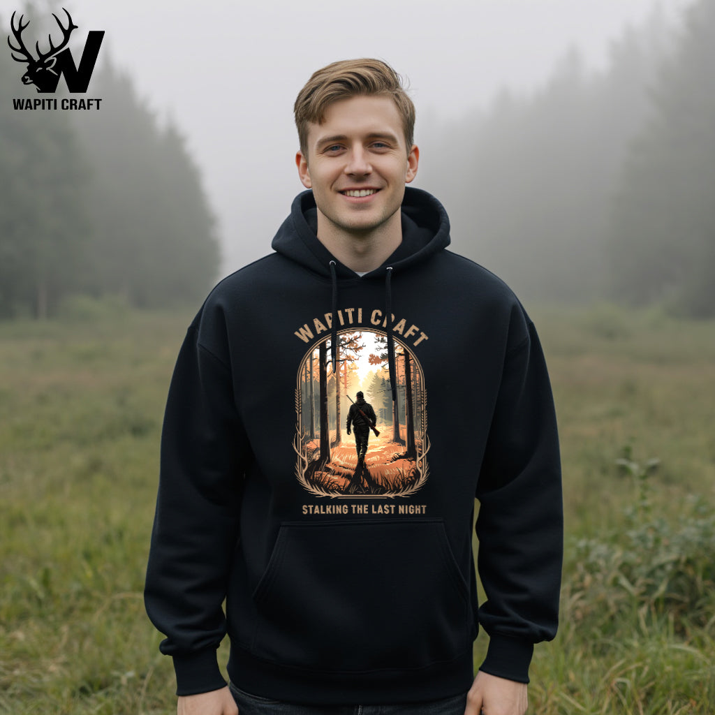 Stalking the Last Night Hoodie Silent Twilight Hunt of Grit and Patience by Brave Outdoorsmen - Wapiti Craft