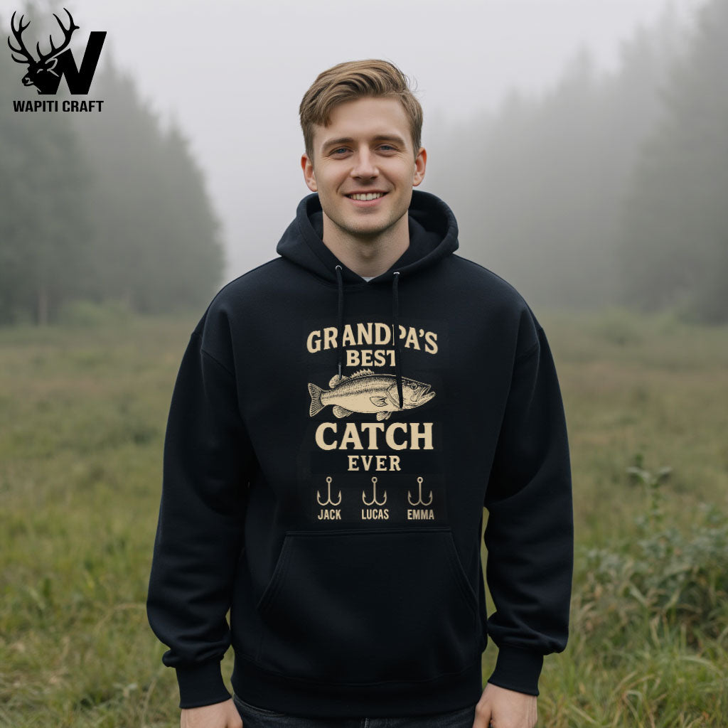 Grandpas Best Catch Ever Fishing Hoodie Personalized Grandkids Names Gift for Grandpa - Wapiti Craft