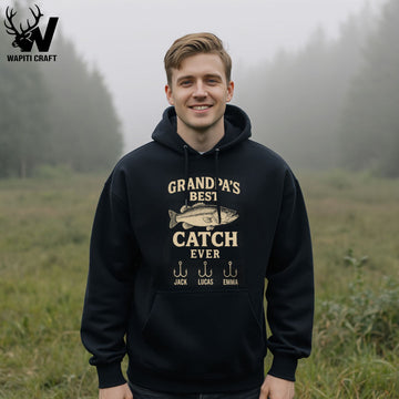 Grandpas Best Catch Ever Fishing Hoodie Personalized Grandkids Names Gift for Grandpa - Wapiti Craft