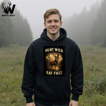 Hunt Wild Eat Free Deer Hunting Hoodie Rustic Mountain Scene Outdoor Lifestyle - Wapiti Craft