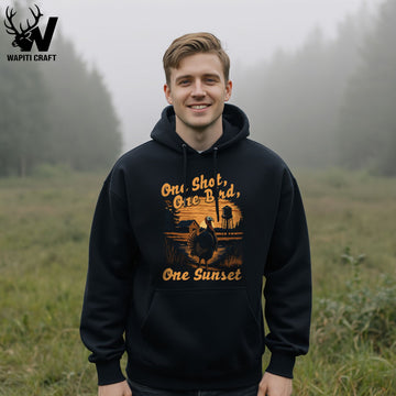 One Shot One Bird One Sunset Turkey Hunting Hoodie Rustic Farm Scene for Outdoorsmen - Wapiti Craft