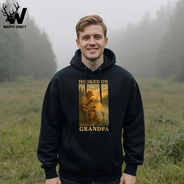 Hooked on Grandpa Hoodie Sweet Fishing Memory with Grandpa and Kid Gift for Grandpa - Wapiti Craft