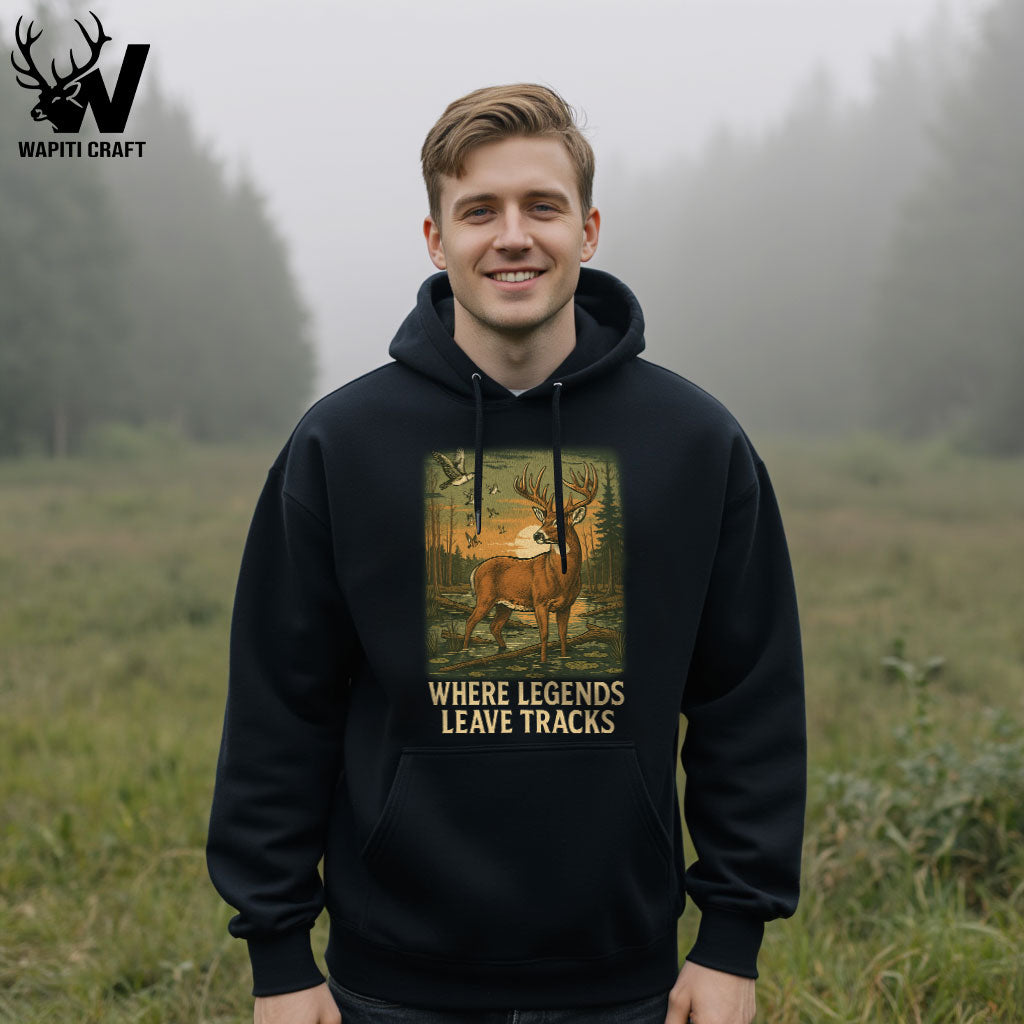 Where Legends Leave Tracks Hoodie Memories Hunting Days for Deer Hunters and Outdoor Enthusiasts - Wapiti Craft