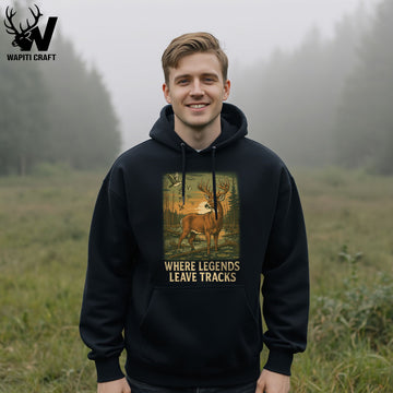 Where Legends Leave Tracks Hoodie Memories Hunting Days for Deer Hunters and Outdoor Enthusiasts - Wapiti Craft
