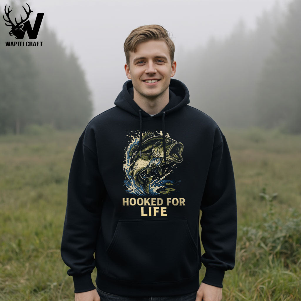Hooked for Life Fishing Hoodie Bold Bass Catch Design for Passionate Anglers and Lure Lovers - Wapiti Craft