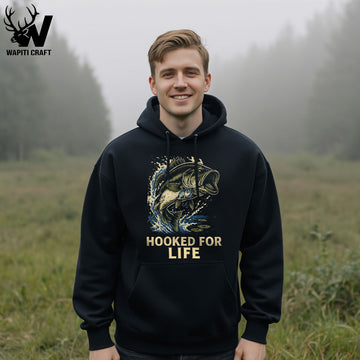 Hooked for Life Fishing Hoodie Bold Bass Catch Design for Passionate Anglers and Lure Lovers - Wapiti Craft
