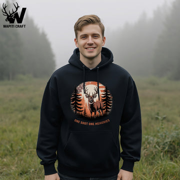 One Shot, One Memory Hoodie Majestic Buck Scene and Patriotic Pride for Deer Hunters - Wapiti Craft