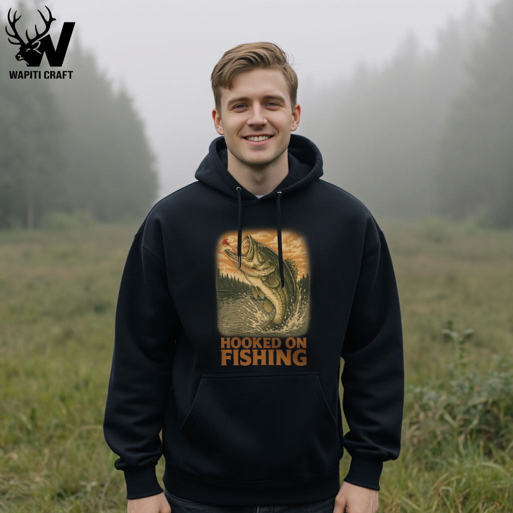 Hooked On Fishing Hoodie Largemouth Bass Scene, The Reward for Anglers and Outdoor Enthusiasts - Waptiti Craft