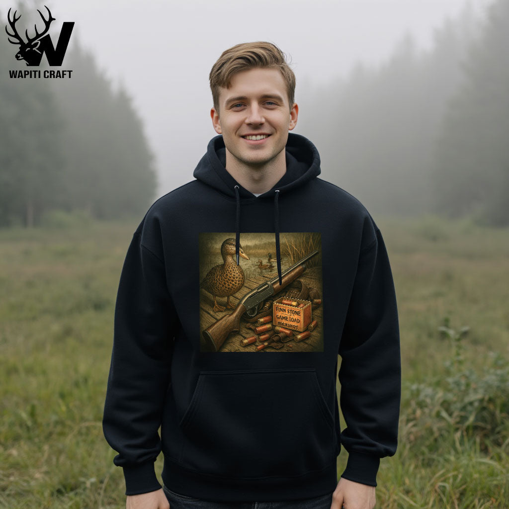 Duck Season Essentials Hoodie Waterfowl Hunting Art with Buckshot and Shotgun - Wapiti Craft