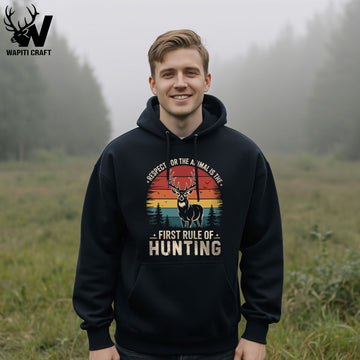 First Rule of Hunting Retro Sunset Design Hoodie Show Respect for Wildlife Wapiti Craft