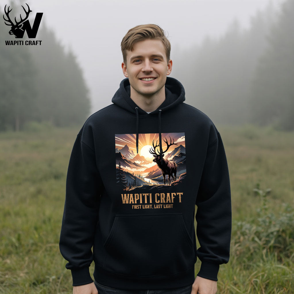 First Light Last Light Wapiti Hoodie Majestic Elk Mountain Scene The true symbol of the wild - Wapiti Craft