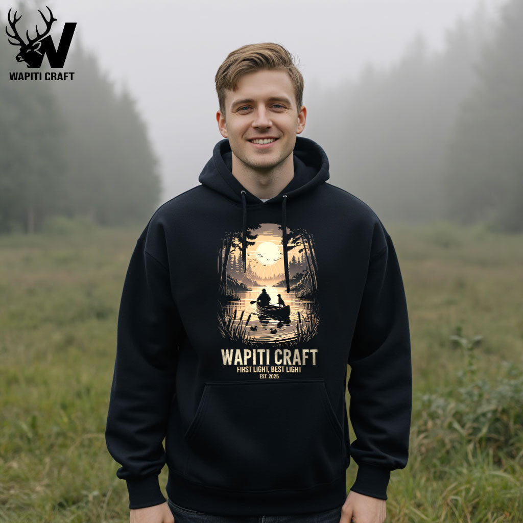 Duck Hunting at Sunset Hoodie Canoe Adventure on the Riverbank with Loyal Buddy - Wapiti Craft