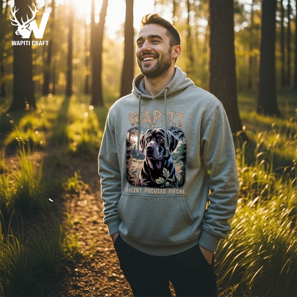Silent. Focused. Fierce. Hunting Dog Hoodie Loyal Black Lab Design by Wapiti Craft