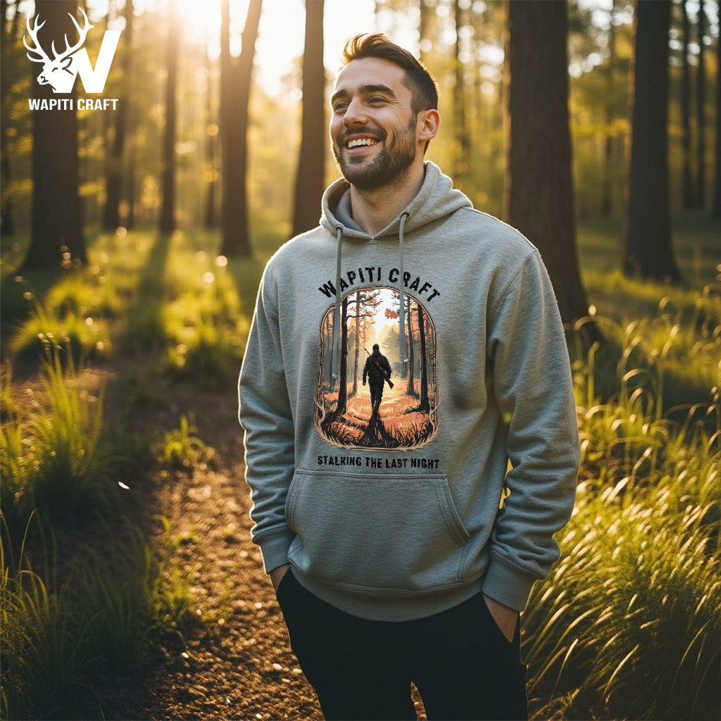 Stalking the Last Night Hoodie Silent Twilight Hunt of Grit and Patience by Brave Outdoorsmen - Wapiti Craft