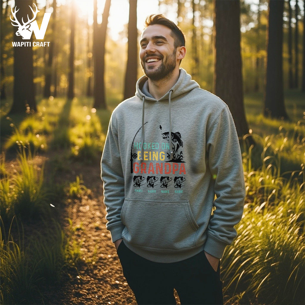 Hooked On Grandpa Custom Fishing Hoodie Personalized Kids Names Gift for Dad Wapiti Craft