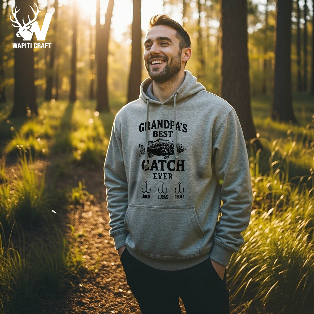 Grandpa's Best Catch Ever Fishing Hoodie Personalized Grandkids Names Gift for Grandpa - Wapiti Craft