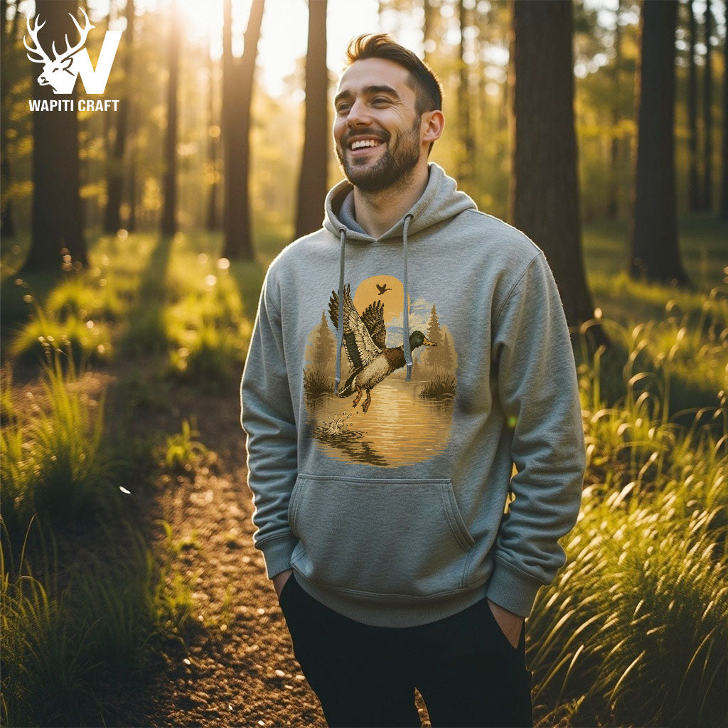 Sunset Flight Duck Hunting Hoodie Mallard Takeoff Scene for Waterfowl Hunters - Wapiti Craft